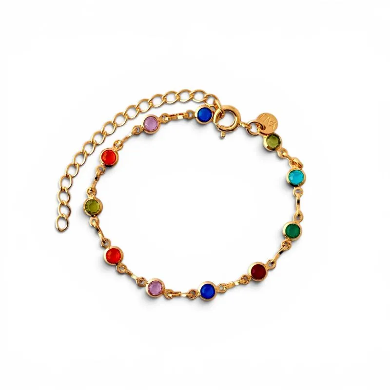 Pulseira Infantil Pedrinhas Banhada a Ouro 18k com Zircônias Coloridas - 14cm + 5cm (alongador)
