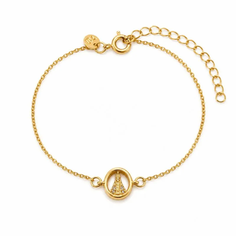 Pulseira Nossa Senhora com Medalha Redonda Banhada a Ouro 18k com Zircônias - 17cm + 5cm (alongador)