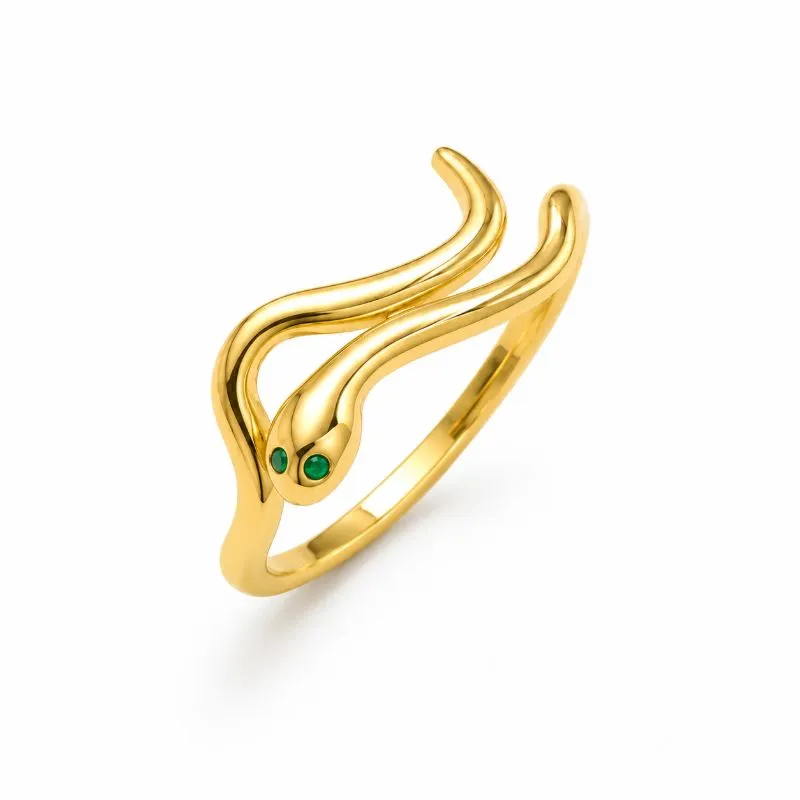 Anel Cobra com Olhos Verdes Banhado a Ouro 18k com Zircônia Verde Tam.18