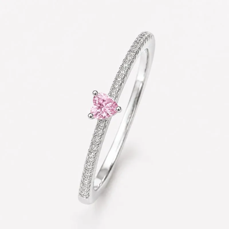 Anel Coração Pedra Rosa Aro Cravejado Prata 925 com Zircônias Tam.17
