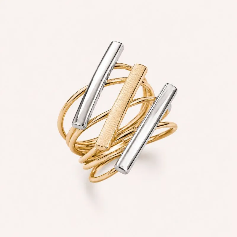 Anel Largo 3 Linhas com Detalhe em Ródio Banhado a Ouro 18k Tam.24