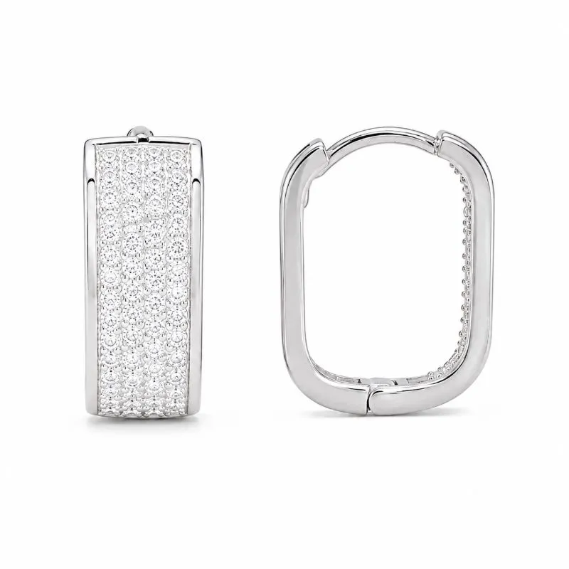 Brinco Argola Larga Retangular Cravejada Folheada a Prata com Zircônias - 1,2 cm
