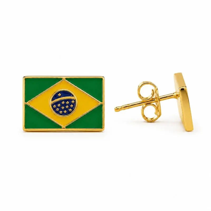 Brinco Bandeira Brasil Banhado a Ouro 18k - 1 cm