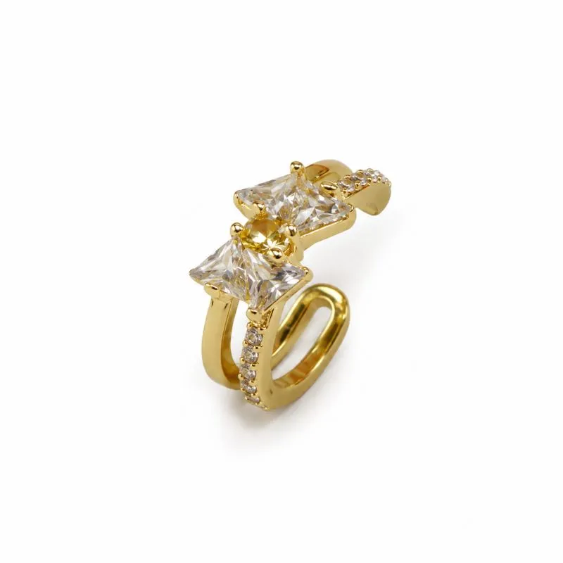 Brinco Cartilagem Piercing Fake 2 Pedras Banhado a Ouro 18k com Zircônias - 1 cm
