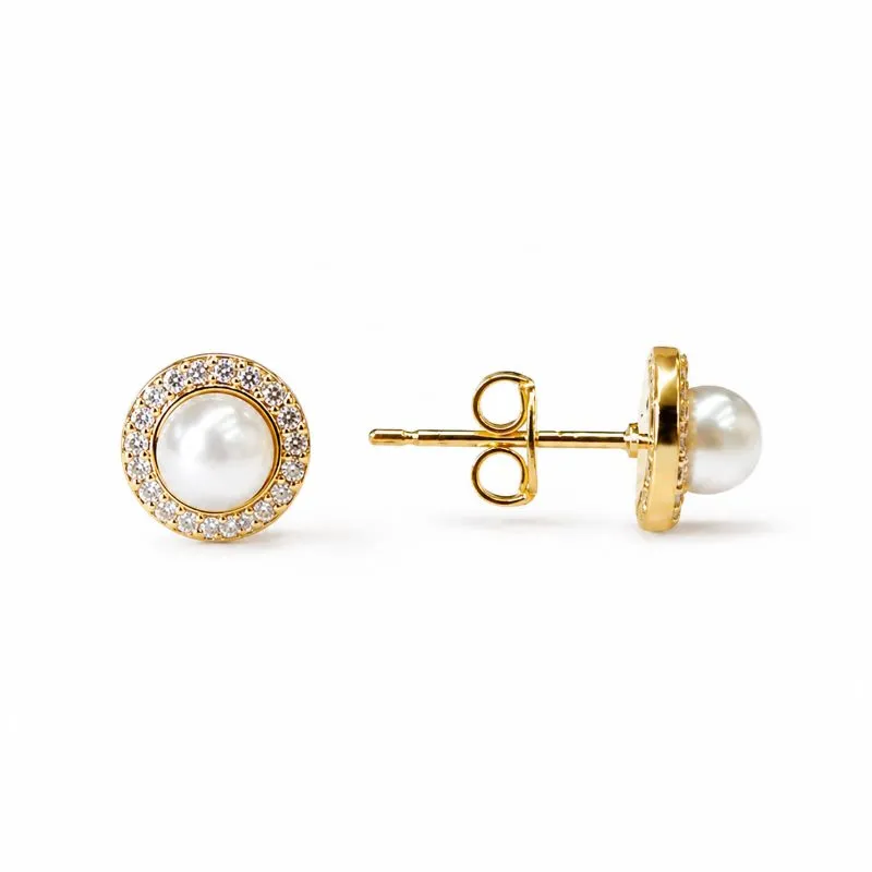 Brinco Circulo Cravejado com Pérola Central Banhado a Ouro 18k com Zircônias - 8mm