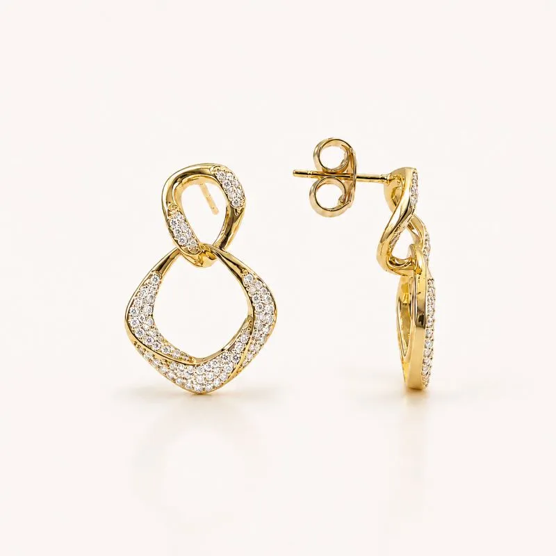 Brinco Duplo Entrelaçado Cravejado Banhado a Ouro 18k com Zircônias - 2,5 cm