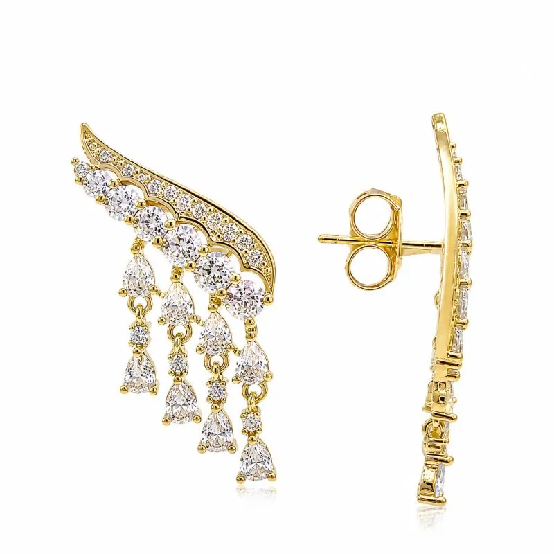 Brinco Ear cuff Estilo Asas Gotas em Pedras Penduradas Banhada a Ouro 18k com Zircônias - 3 cm