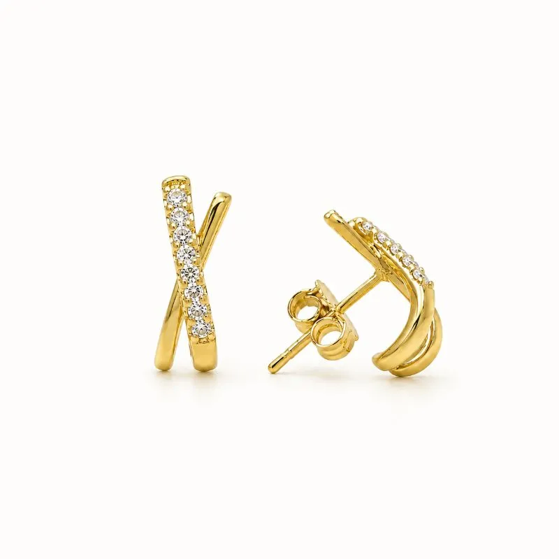 Brinco Earhook Estilo X Banhado a Ouro 18k com Zircônias