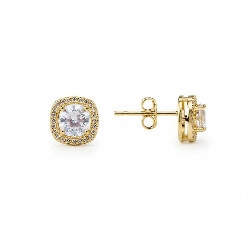 Brinco Estilo Ponto Luz Quadrado Cravejado Banhado a Ouro 18k com Zircônias - 8mm