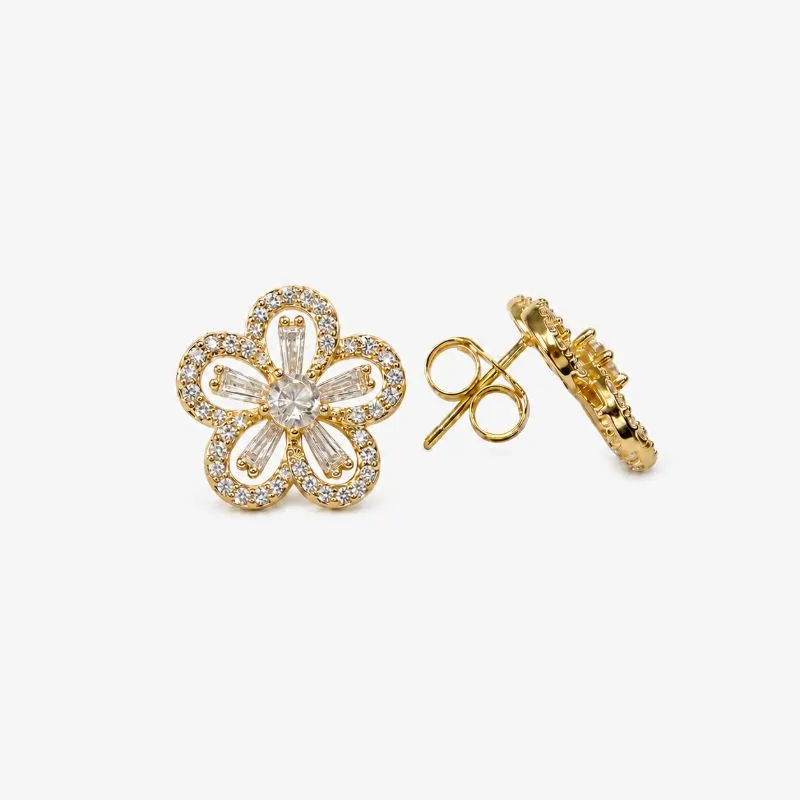 Brinco Flor 5 Pétalas em Zircônia Banhado a Ouro 18K com Zircônias - 1,7 cm