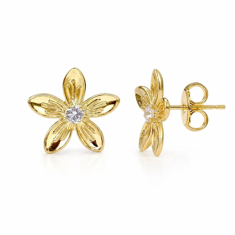 Brinco Flor com Pedra Central Banhado a Ouro 18k com Zircônia - 2 cm