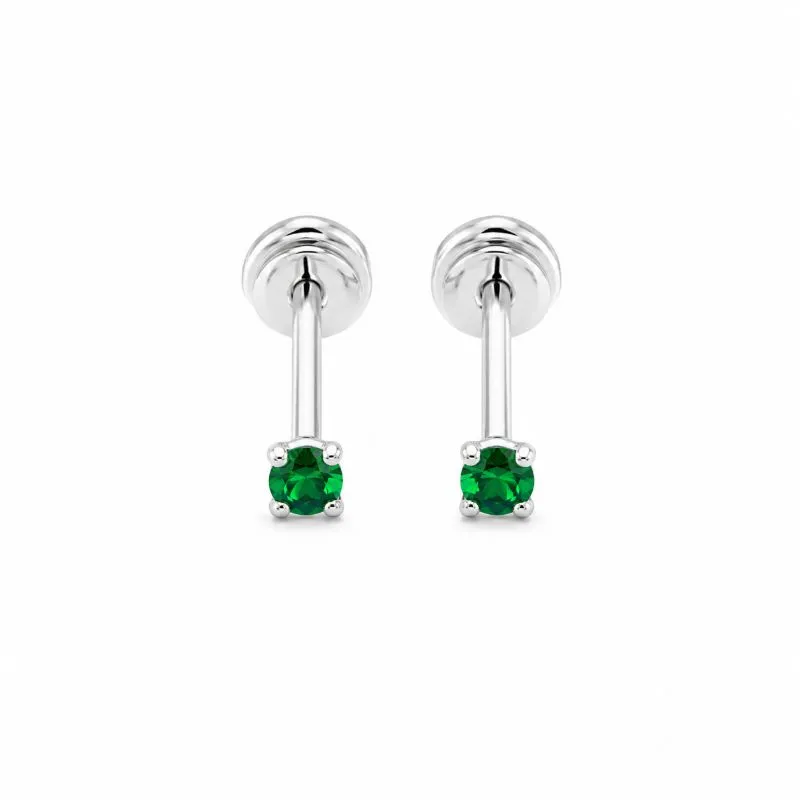 Brinco Infantil Ponto de Luz Verde Tarraxa Baby Prata 925 com Zircônia Verde - 2  mm