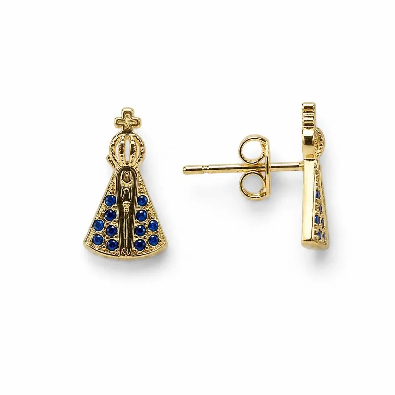 Brinco Nossa Senhora com 12 Pedras Banhado a Ouro 18k com Zircônias Azul - 1,3 cm