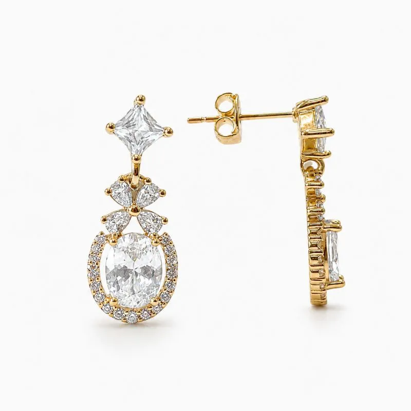 Brinco Pendente Flor e Gota Banhado a Ouro 18k com Zircônias - 2,5 cm