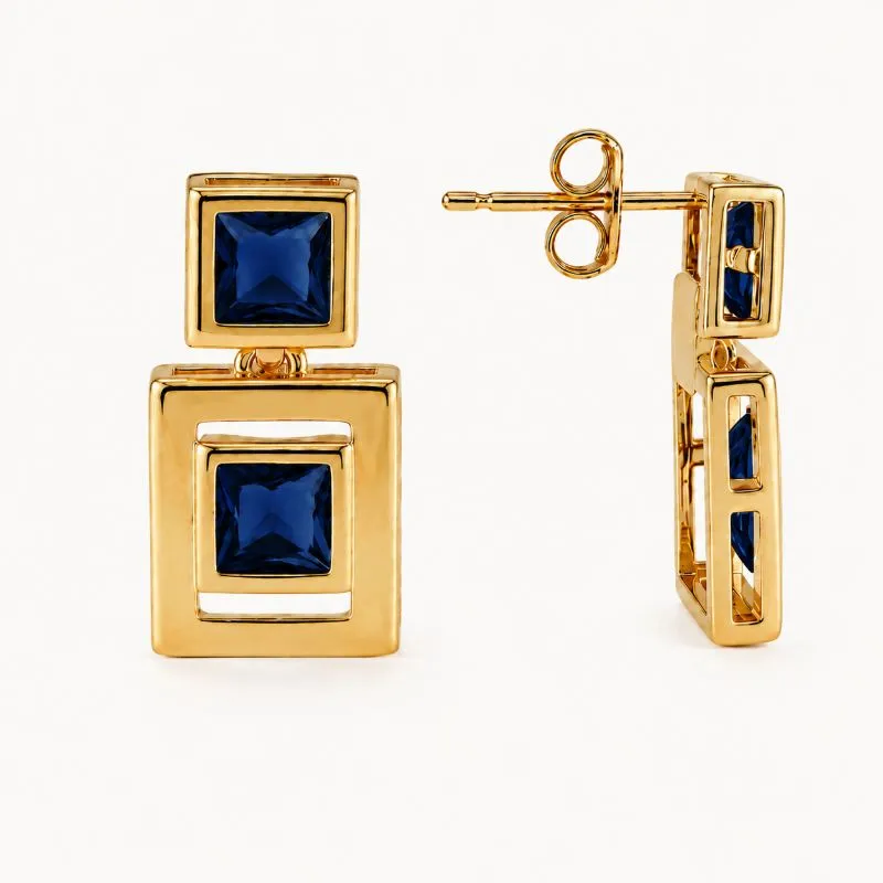 Brinco Pendente Quadrado Azul Banhado a Ouro 18k com Zircônias Azul - 1,8 cm