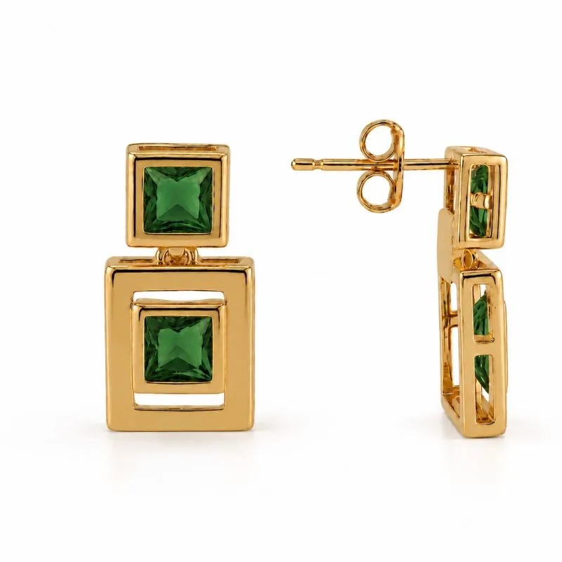 Brinco Pendente Quadrado Verde Banhado a Ouro 18k com Zircônias Verde - 1,8 cm