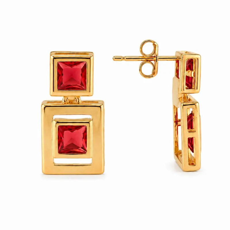 Brinco Pendente Quadrado Vermelho Banhado a Ouro 18k com Zircônias Vermelhas - 1,8 cm