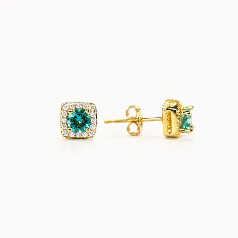 Brinco Quadrado Cravejado Pedra Central Verde Banhado a Ouro 18k com Zircônia Verde - 6mm