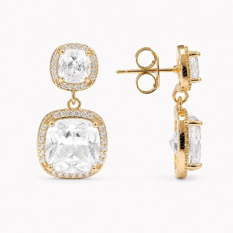 Brinco Quadrado Pendente Duplo Banhado a Ouro 18k com Zircônias - 2,5 cm