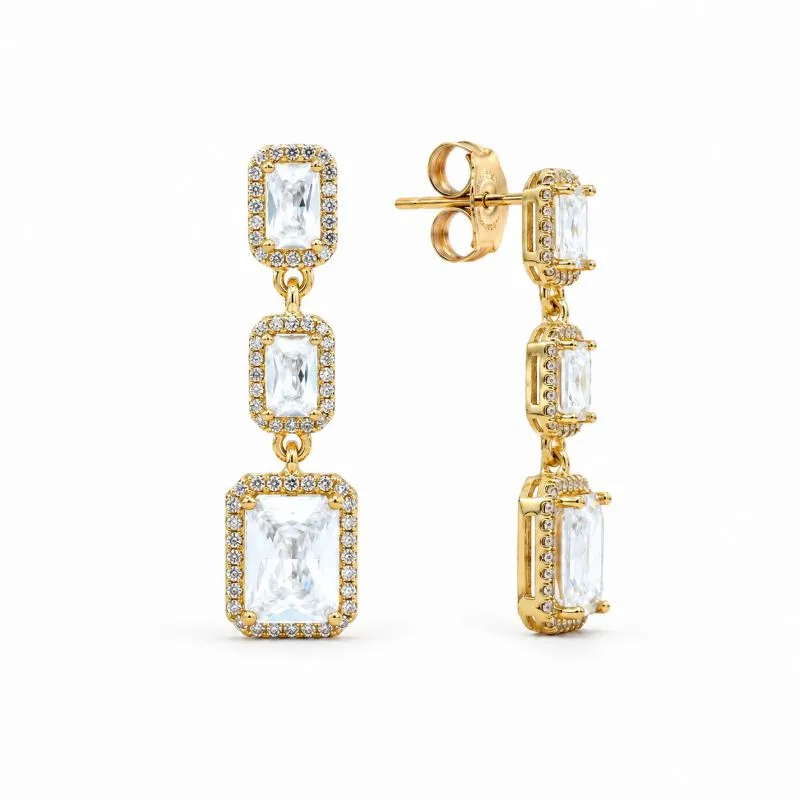 Brinco Três Pedras Retangulares Pendentes Banhada a Ouro 18k com Zircônias - 3 cm