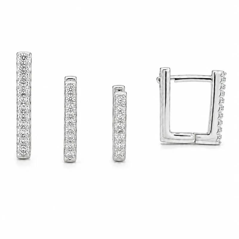 Brinco Trio de Argolas Frente Cravejada Retangular Folheado a Prata com Zircônias - 1,5 cm - 1,2 cm - 1 cm