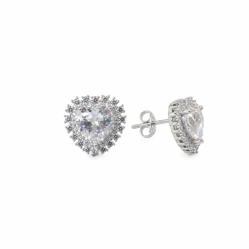 Brinco Zircônia de Coração Cravejado Prata 925 com Zircônias - 1,5cm