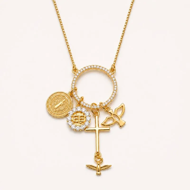 Colar Circulo Mix Amuletos Banhado a Ouro 18k com Zircônias - 40 cm + 4 cm (Alongador)