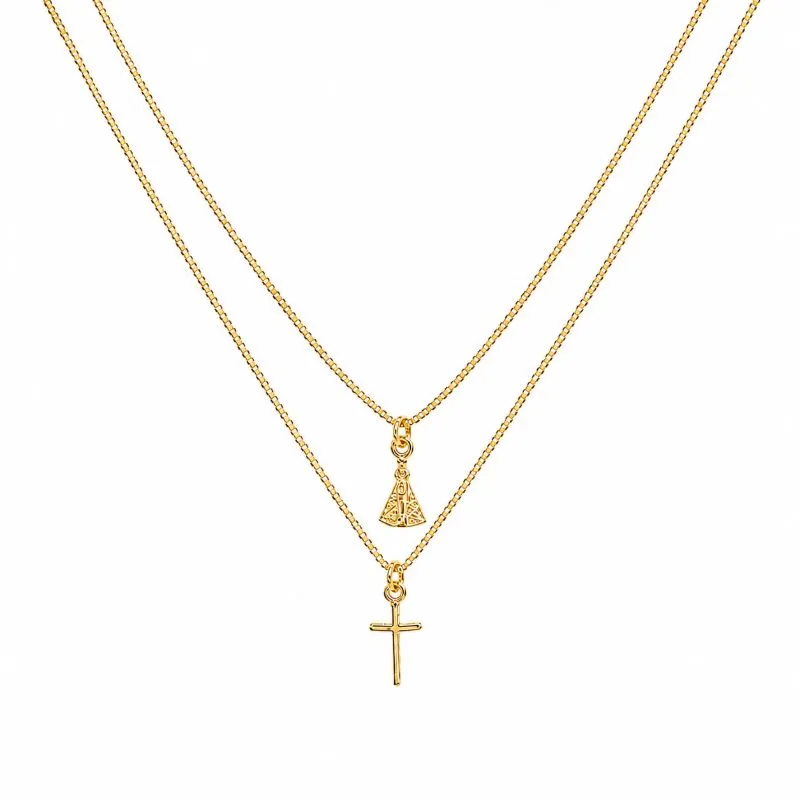 Colar Duplo Nossa Senhora e Cruz Banhada a Ouro 18k - 45cm + 5cm (Alongador)