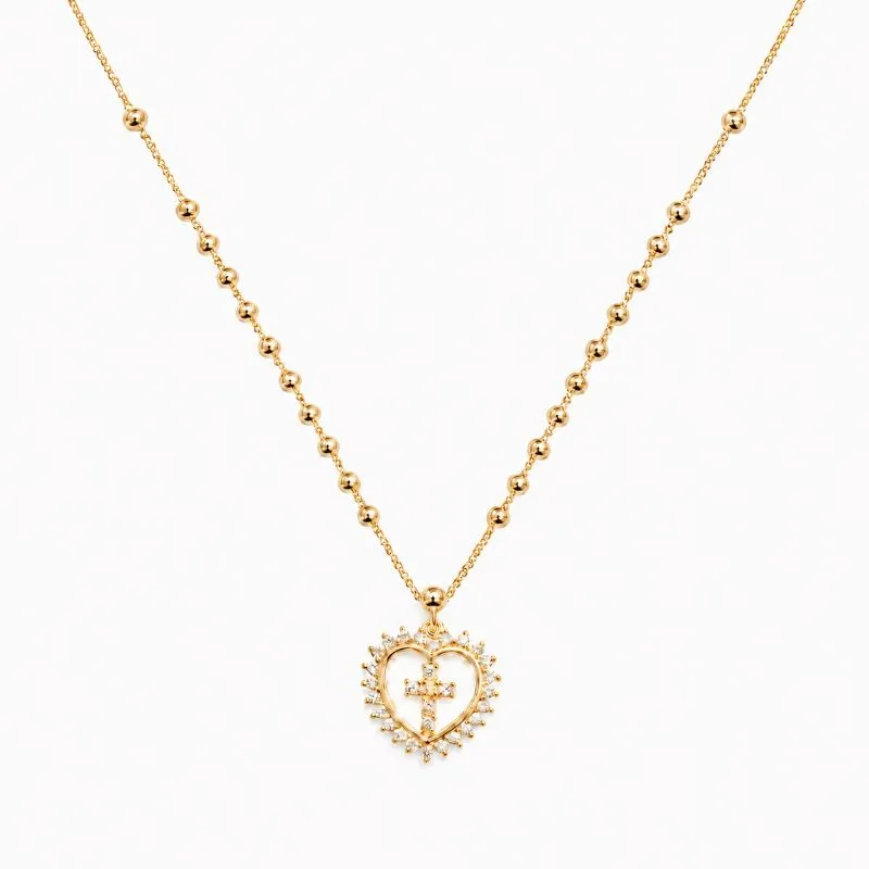 Colar Estilo Rosário Coração com Cruz Cravejado Banhado a Ouro 18k com Zircônias - 45 cm + 3 cm (Alongador)