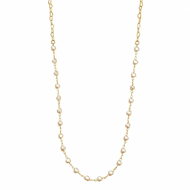 Colar Pérolas de Coração Elo Coração Banhado a Ouro 18k - 35 cm + 3 cm (Alongador)