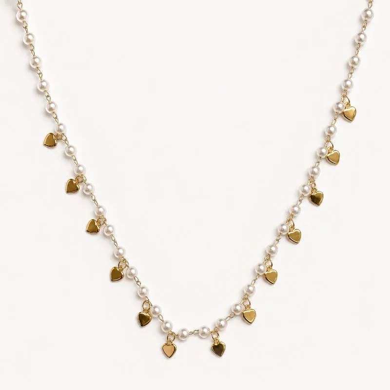 Colar Pérolas e Corações Lisos Banhado a Ouro 18k 40 cm + 8 cm (Alongador)