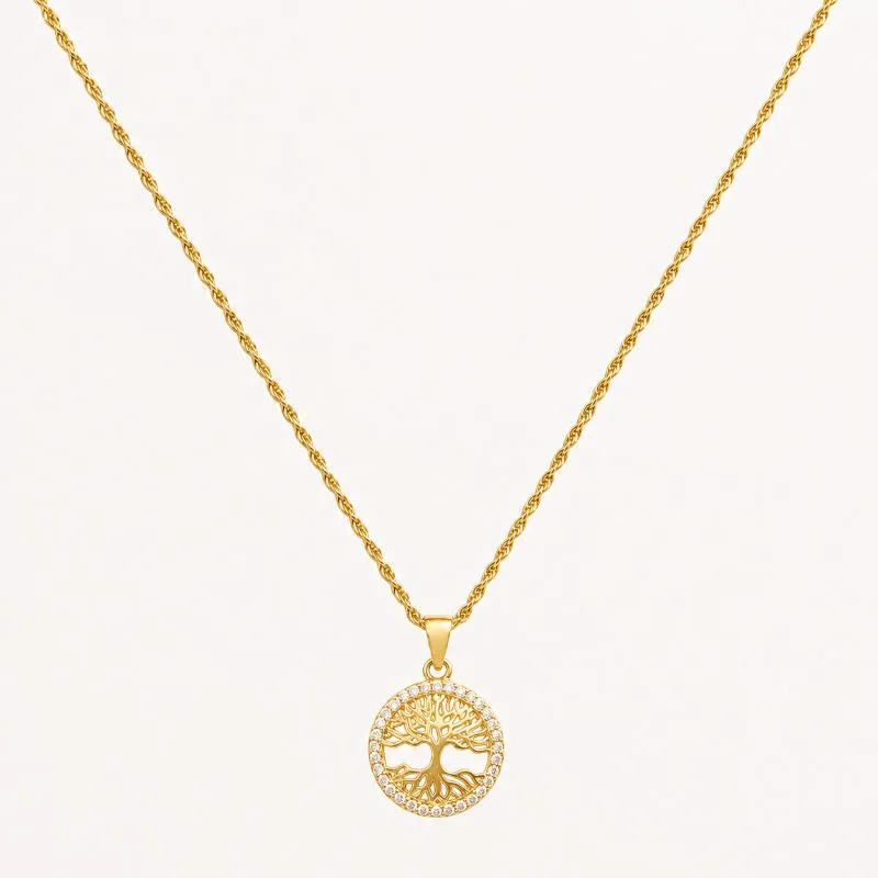Colar Singapura Medalha Árvore da Vida Borda Cravejada Banhado a Ouro 18k com Zircônias - 45 cm + 3 cm (Alongador)