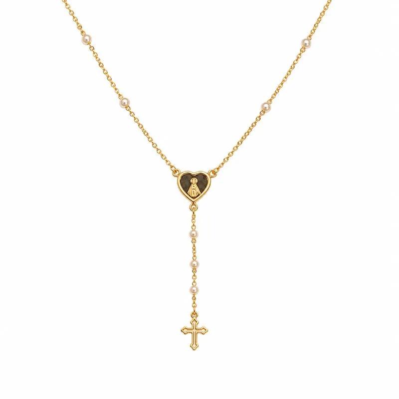 Colar Terço Rosário com Pérolas Banhado a Ouro 18k - 40 cm + 5 cm (Alongador)