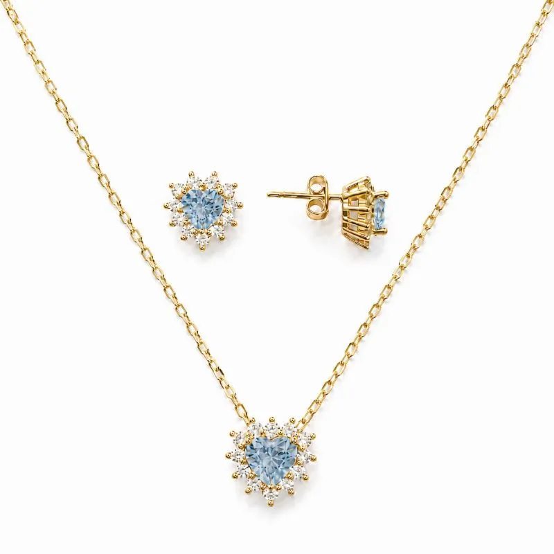 Conjunto Coração Azul Borda Cravejada Banhado a Ouro 18k com Zircônias - 1cm, 8mm