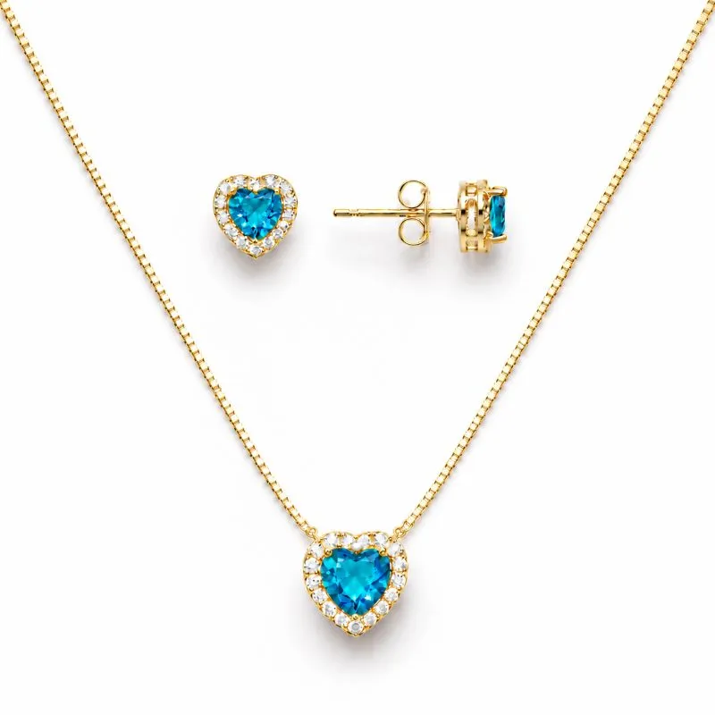 Conjunto Coração Azul Borda Cravejada Banhado a Ouro 18k com Zircônias - 8 mm, 6mm