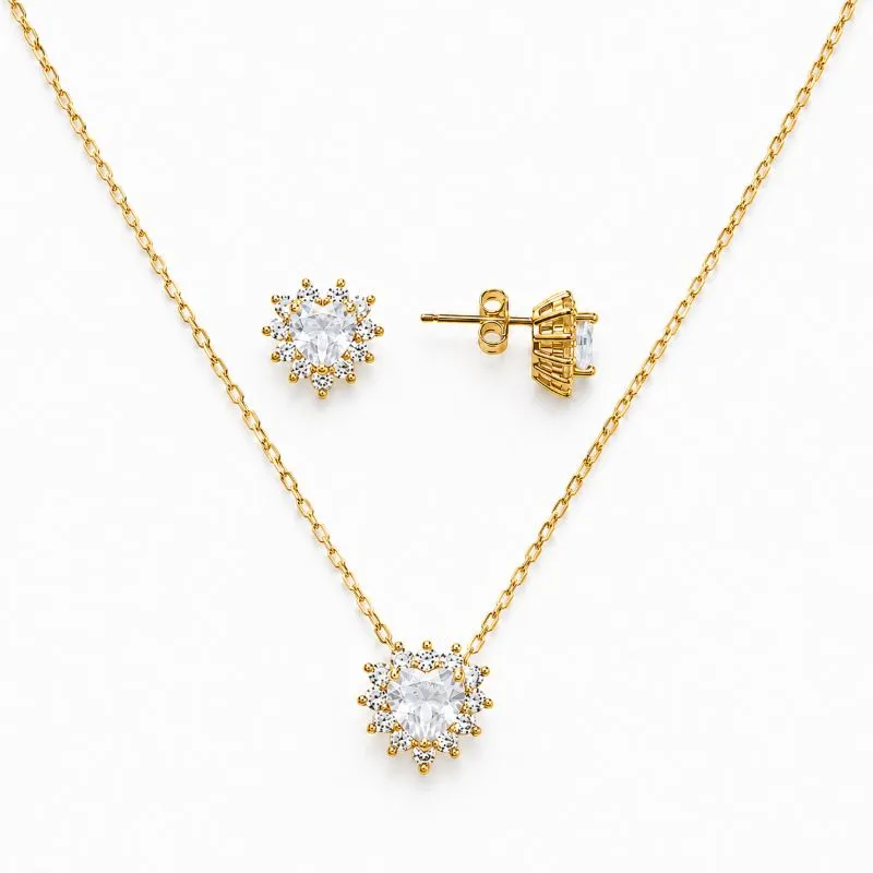 Conjunto Coração Borda Cravejada Banhado a Ouro 18k com Zircônias - 1 cm, 8 mm