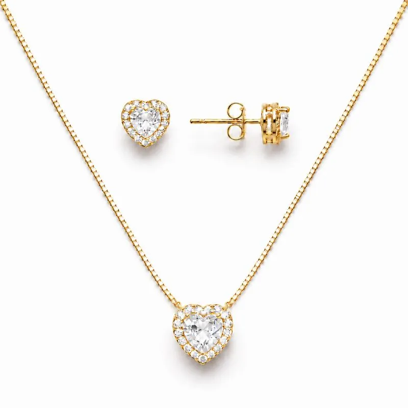 Conjunto Coração Borda Cravejada Banhado a Ouro 18k com Zircônias - 8 mm, 6mm