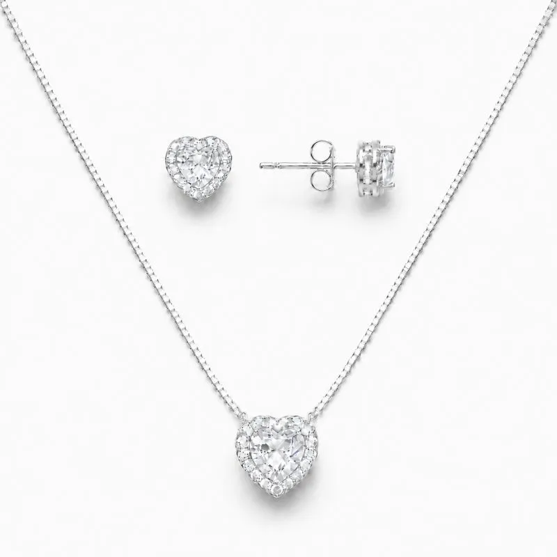 Conjunto Coração Borda Cravejada Folheado a Prata com Zircônias - 8 mm, 6mm