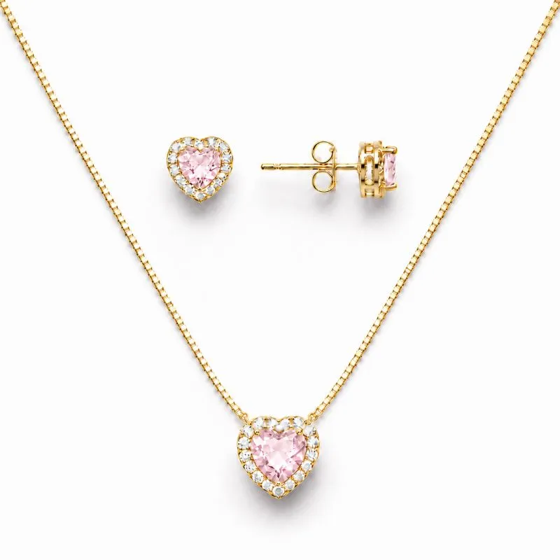 Conjunto Coração Rosa Borda Cravejada Banhado a Ouro 18k com Zircônias - 8 mm, 6mm