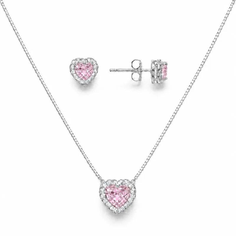 Conjunto Coração Rosa Borda Cravejada Folheado a Prata com Zircônias - 8 mm, 6mm