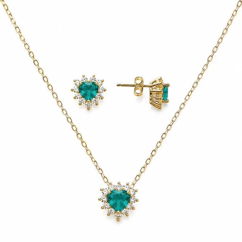 Conjunto Coração Verde Borda Cravejada Banhado a Ouro 18k com Zircônias - 1 cm, 8 mm