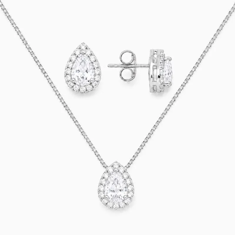 Conjunto Gota Borda com Pedras Folheado a Prata com Zircônias - Ping. 1,2 cm, Brinco 9 mm