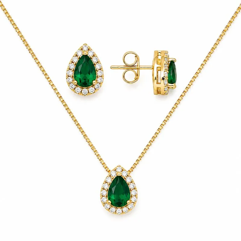 Conjunto Gota Verde Borda com Pedras Banhado a Ouro 18k com Zircônias Verdes - Ping. 1,2 cm, Brinco 9 mm