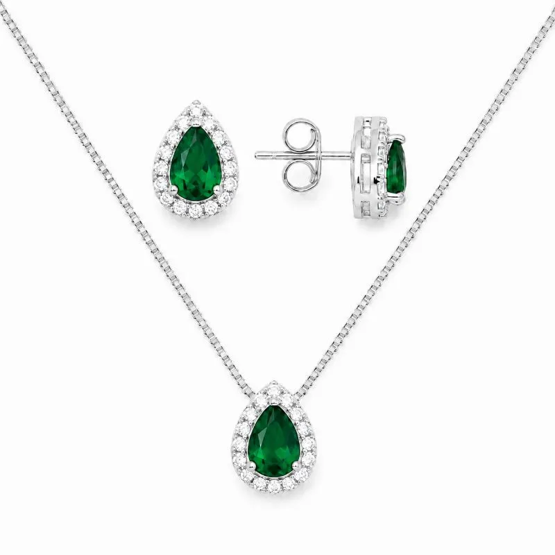 Conjunto Gota Verde Borda com Pedras Folheado a Prata com Zircônias Verdes - Ping. 1,2 cm, Brinco 9 mm