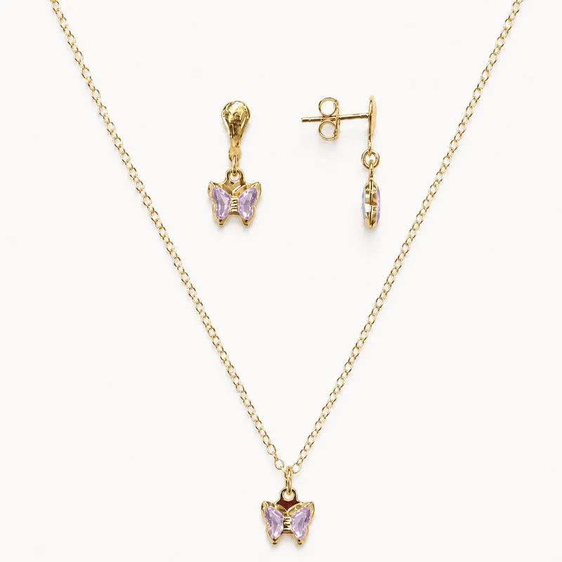 Conjunto Infantil Borboleta Lilás Banhado a Ouro 18k com Zircônias Lilás - 7mm