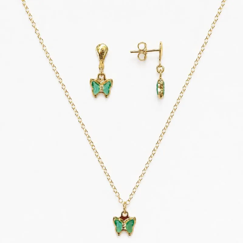 Conjunto Infantil Borboleta Verde Banhado a Ouro 18k com Zircônias Verde - 7mm