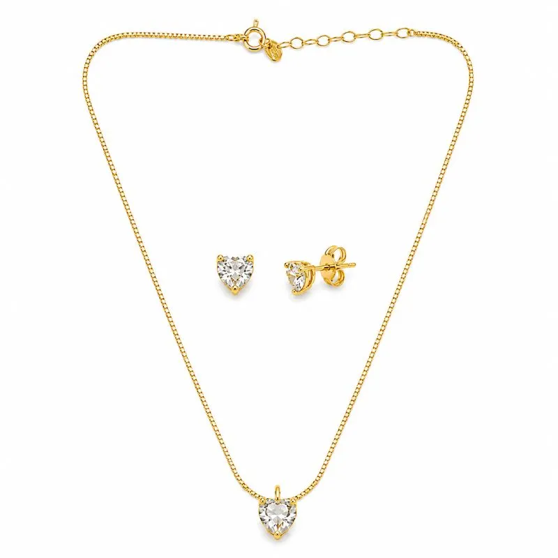 Conjunto Infantil Coração Banhado a Ouro 18k com Zircônia - 4mm