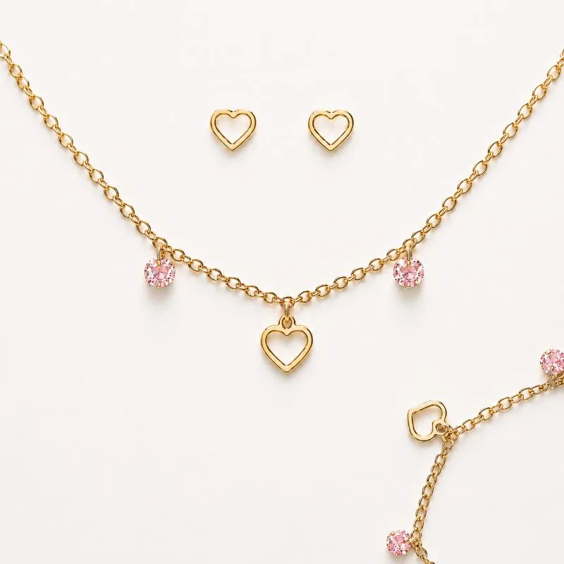 Conjunto Kit Infantil Coração Banhado a Ouro 18k com Zircônia Rosa (Brinco + Colar + Pulseira)  - 1cm