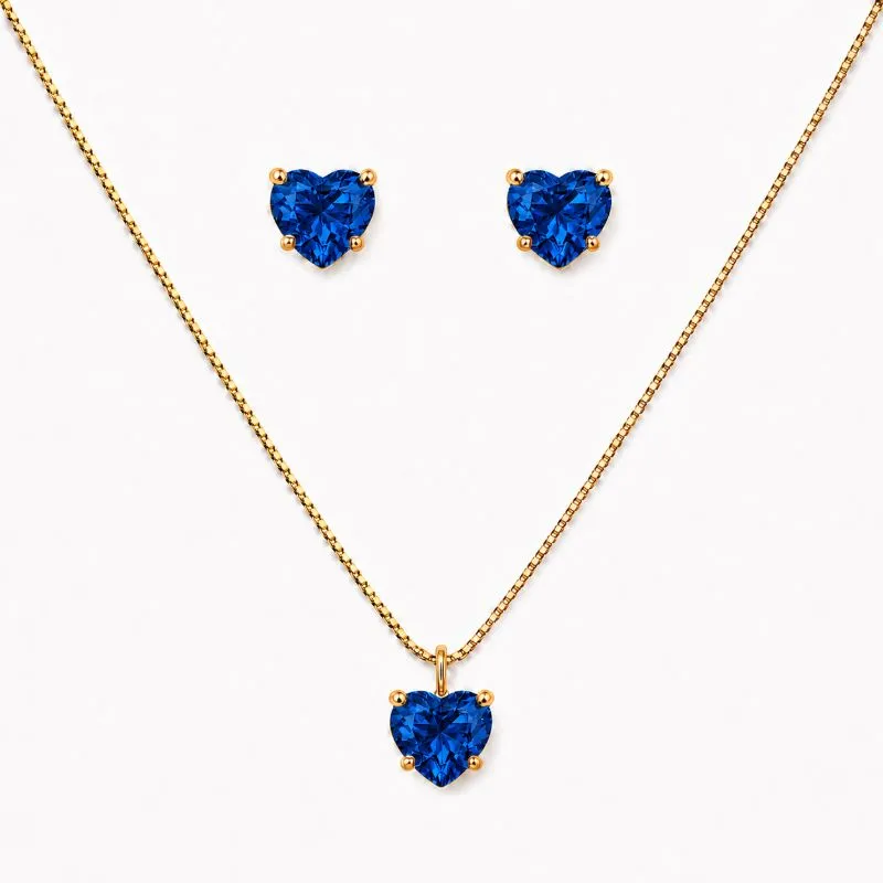 Conjunto Ponto de Luz Azul Coração Banhado a Ouro 18k com Zircônia Azul - 6mm