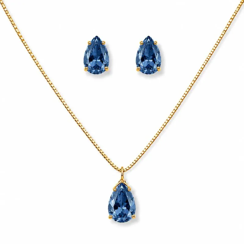 Conjunto Ponto de Luz Azul Gota Banhado a Ouro 18k com Zircônia Azul - 8 mm